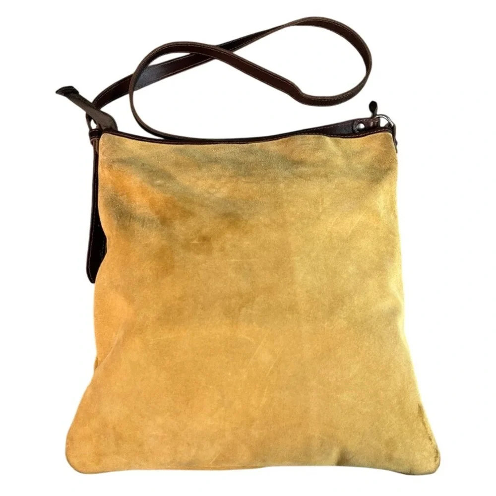Lisa b. and Co. Mustard Yellow Suede Crossbody Bag Brown Leather Trim Square L